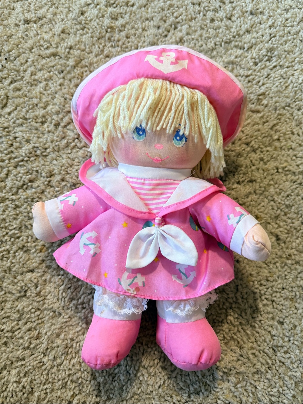 Vintage 1987 Dolly Mine Plush Doll Sailor Pink Dress Soft Toy 13 inch
